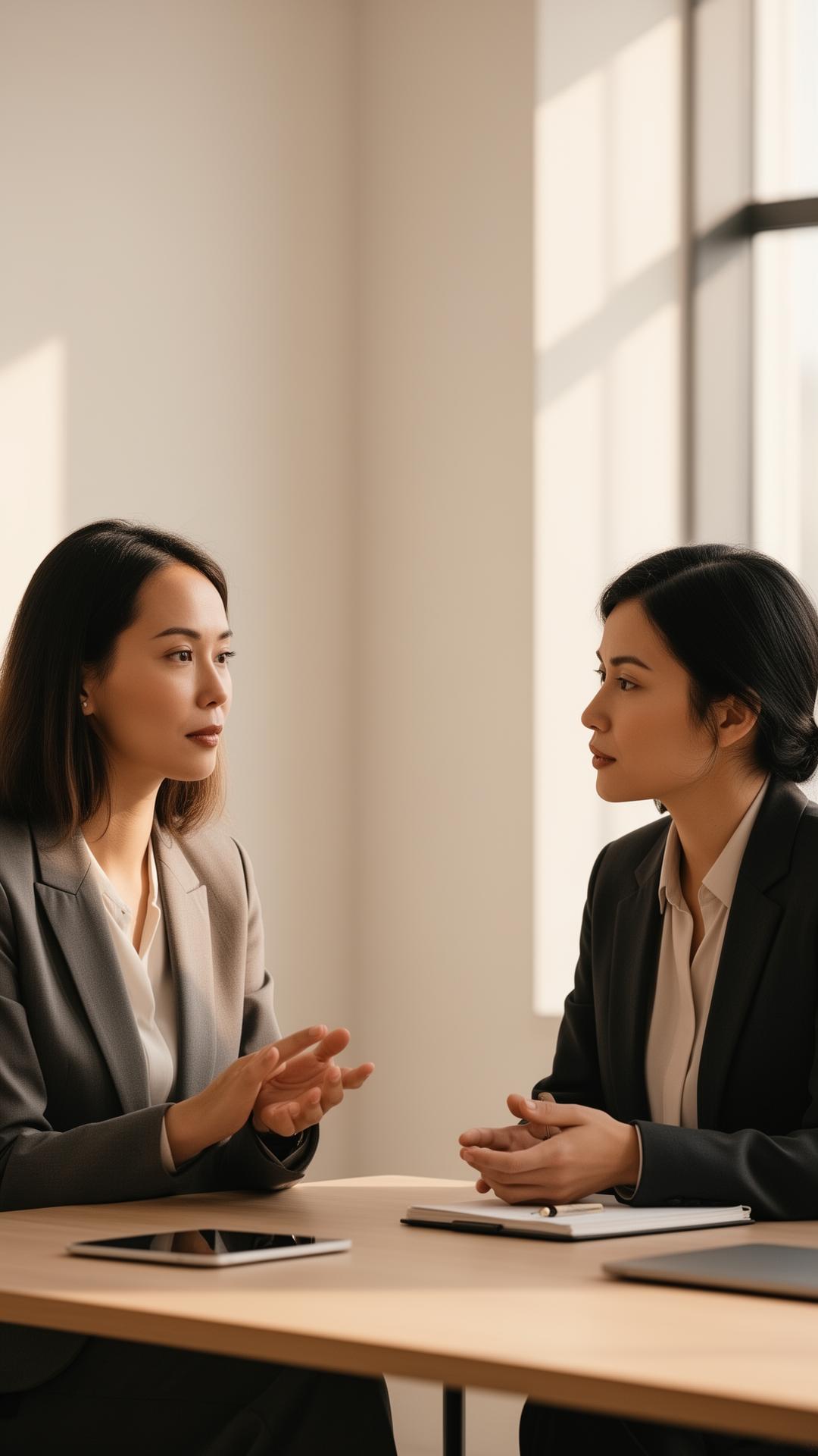 Two business professionals in a 1:1 coaching conversation